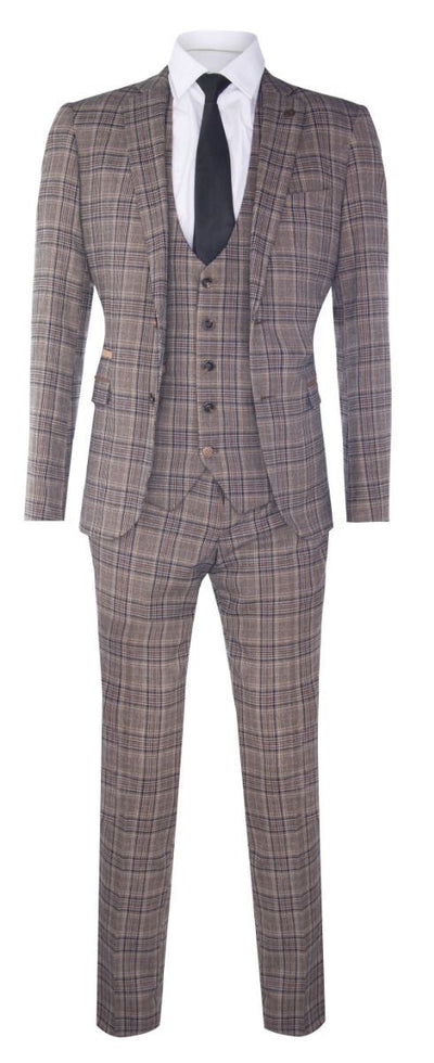 Mens 3 Piece Tan Brown Herringbone Check Suit
