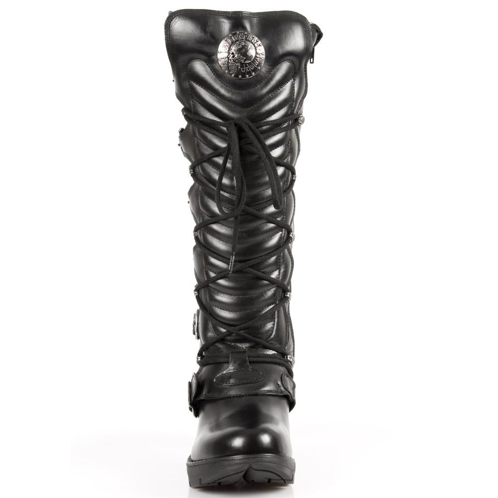 New Rock Ladies Black Buckle Laced Knee-High Boots- TR004-S1