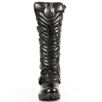 New Rock Ladies Black Buckle Laced Knee-High Boots- TR004-S1