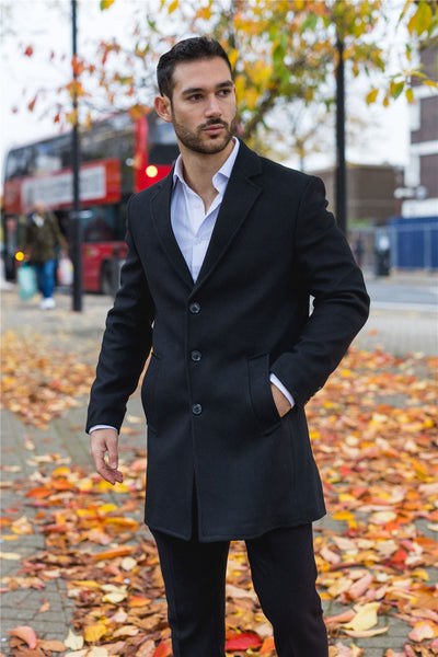 Men's Notched Lapel Collar Wool Blend Black Overcoat