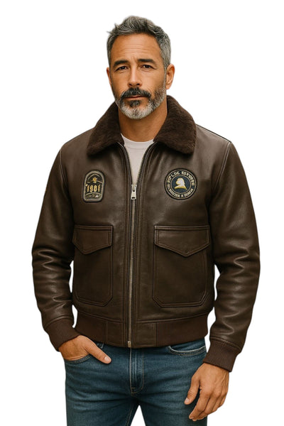 Men's Leather Bomber Sheepskin Collar G-1 Aviator Jacket - Linear