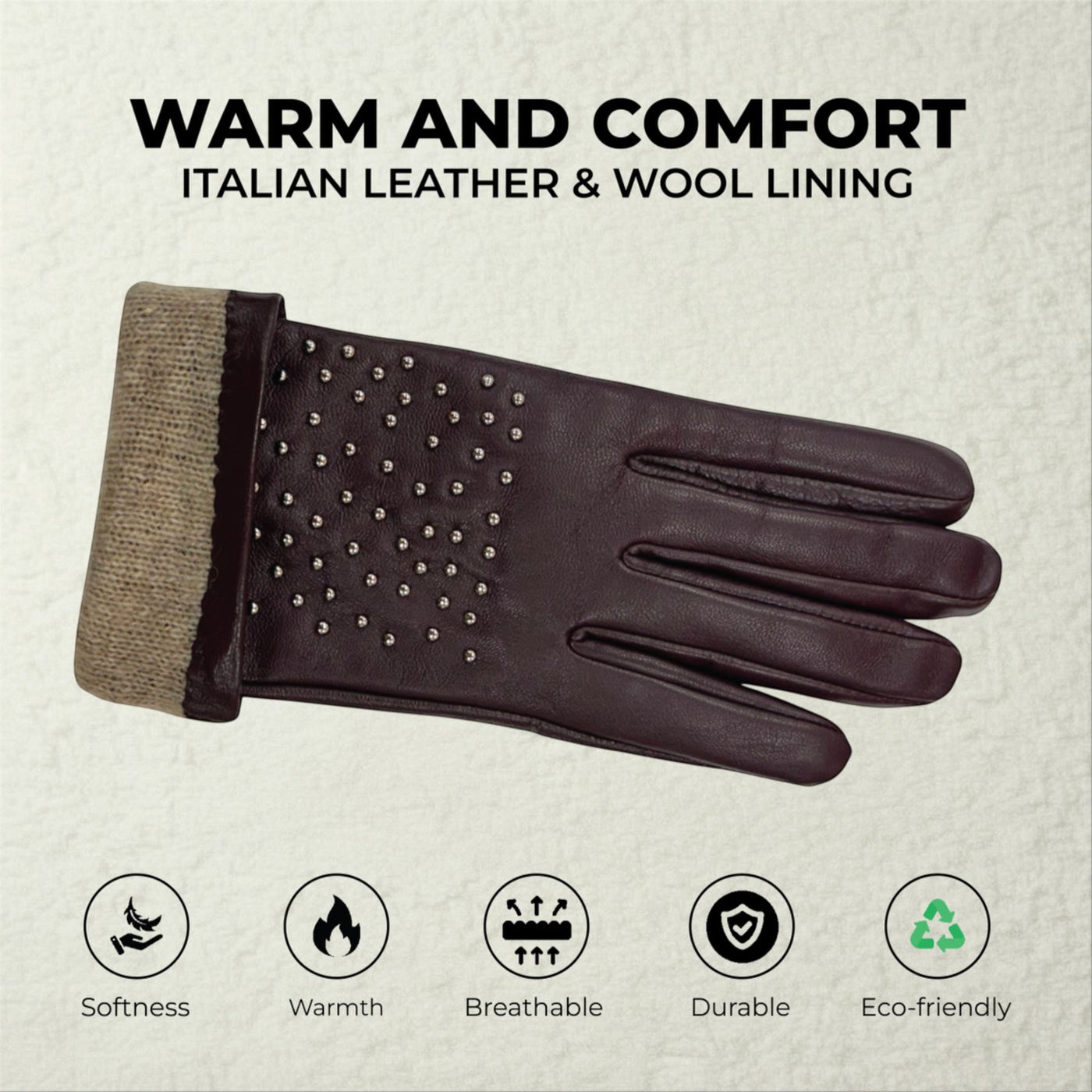 Womens Italian Leather Winter Studded Design Soft Wool Lining Gloves - L-GLV-601