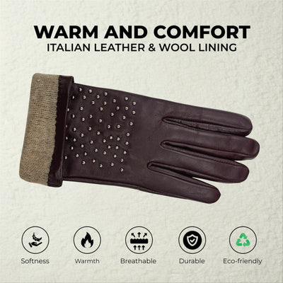 Womens Italian Leather Winter Studded Design Soft Wool Lining Gloves - L-GLV-601