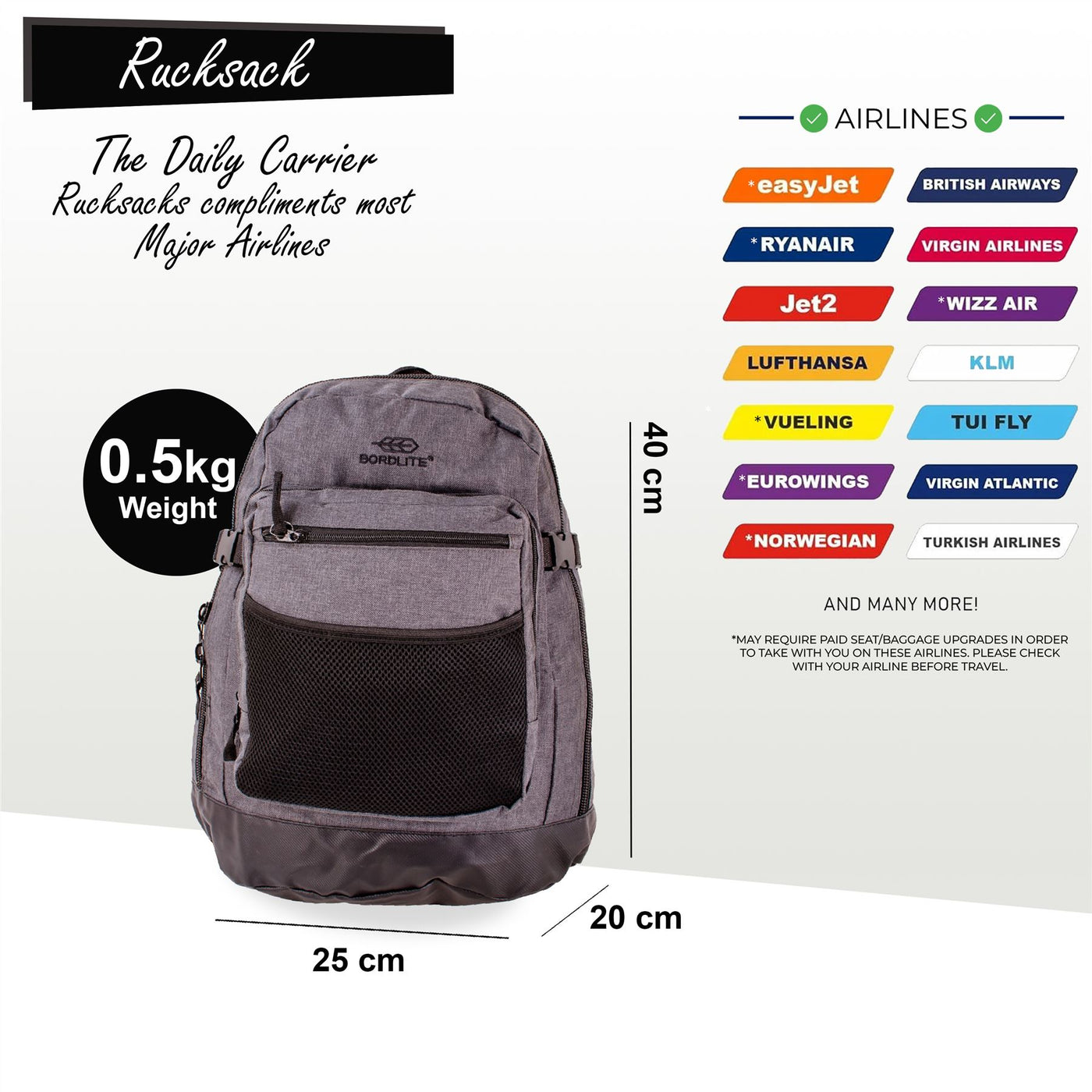 Backpack Rucksack 40x 20 x25cm Underseat Travel Cabin Bag for Ryanair, Easy Jet