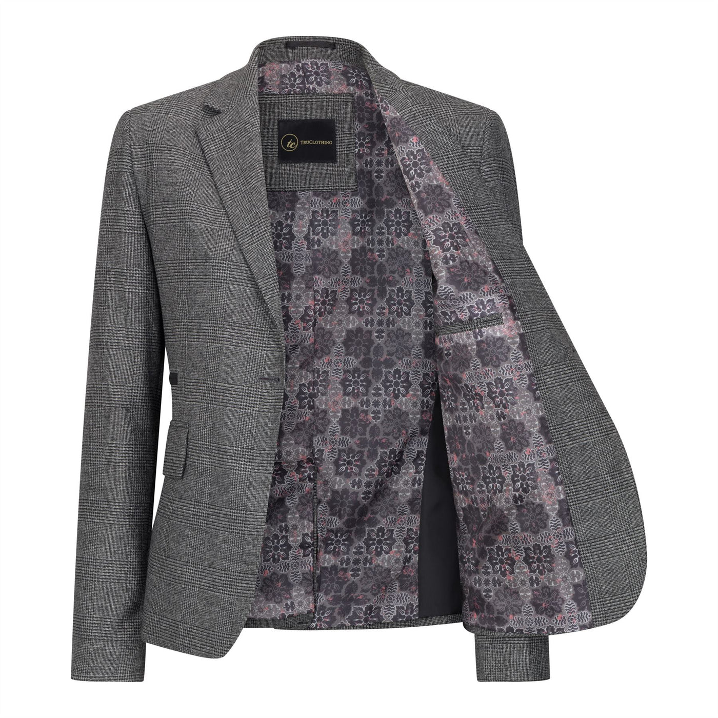Women's Grey Three-Piece Tailored Fit Suit in Prince of Wales Check