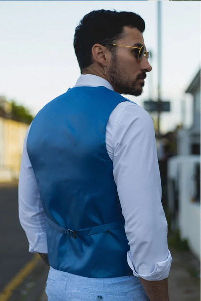 Men's Summer 2 Piece Suit Linen Formal Blue Waistcoat Trousers