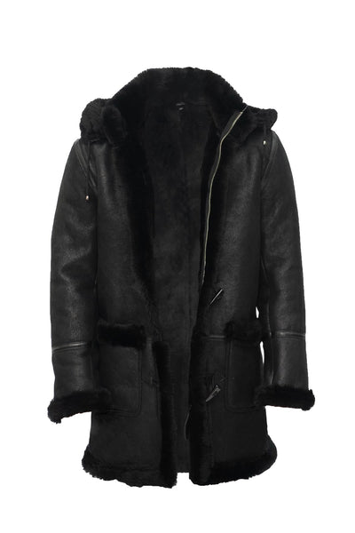 Mens Winter Sheepskin Hooded Duffle Coat-Isleworth