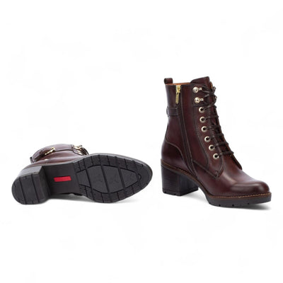 Pikolinos Women’s Caoba Brown Leather Mid-Heel Combat Ankle Boots - Llanes