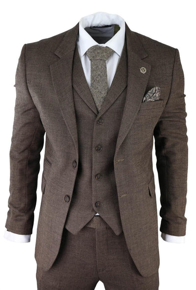Mens Brown 3 Piece Tweed Herringbone Suit Peaky Blinders Classic Tailored