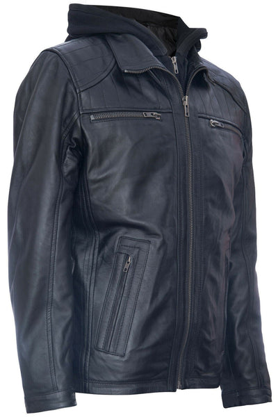 Mens Black Hooded Leather Biker Jacket-Salvador