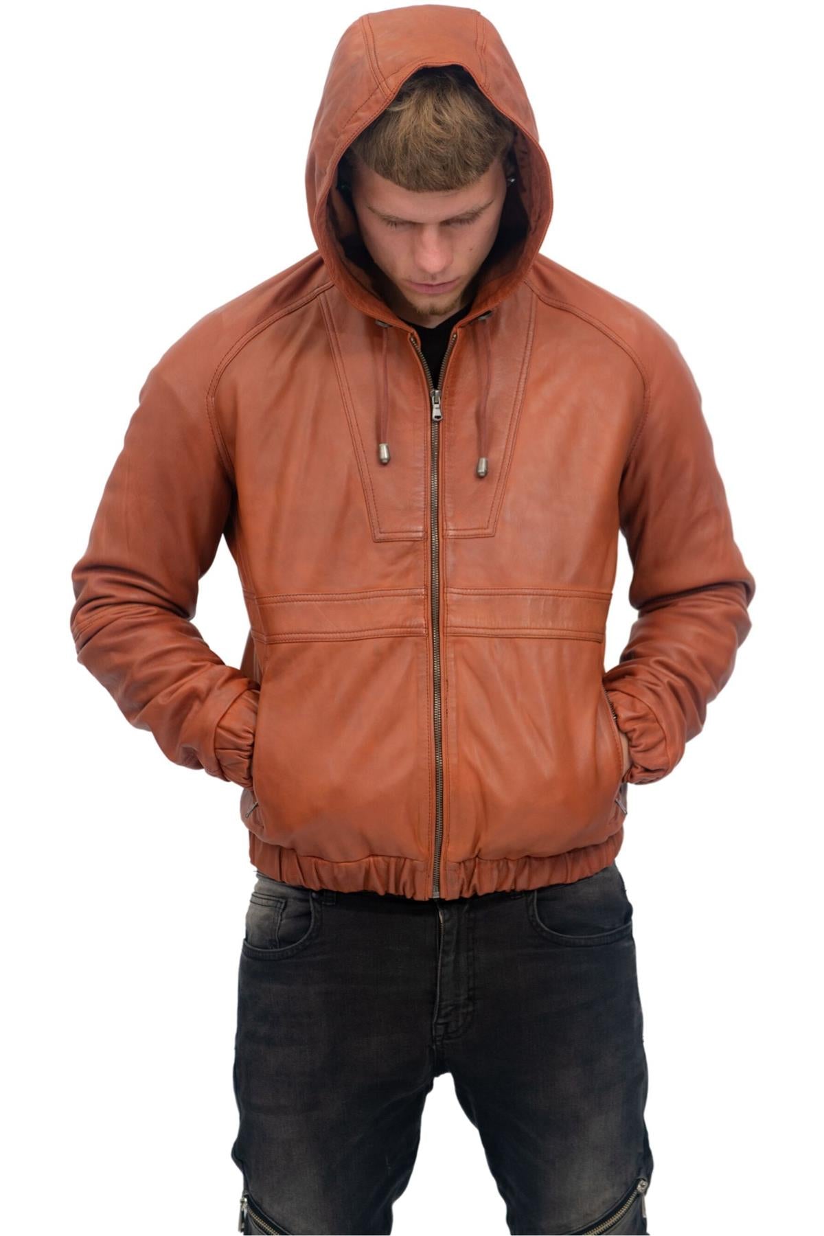 Men’s Casual Leather Hooded Bomber Jacket-Odesa