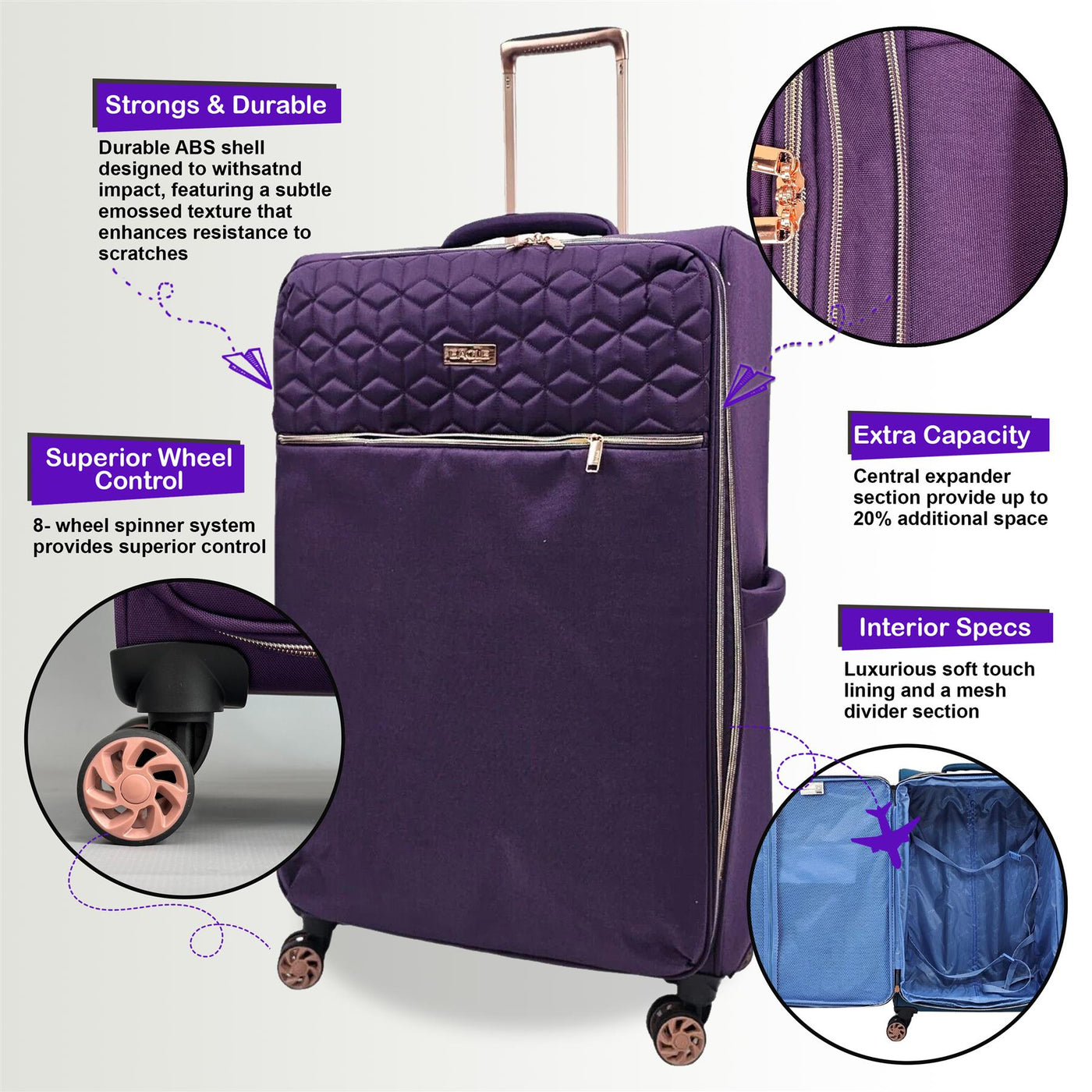 Cabin 4 Wheel Luggage Travel Soft Lightweight Bags