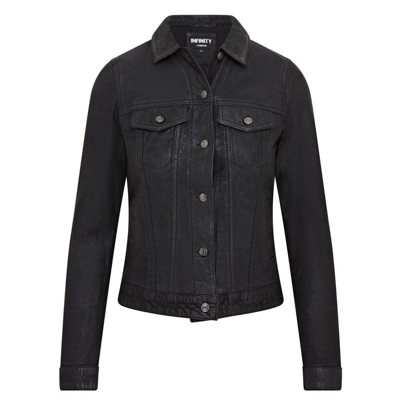 Womens Black Leather Trucker Jeans Jacket-  Doha