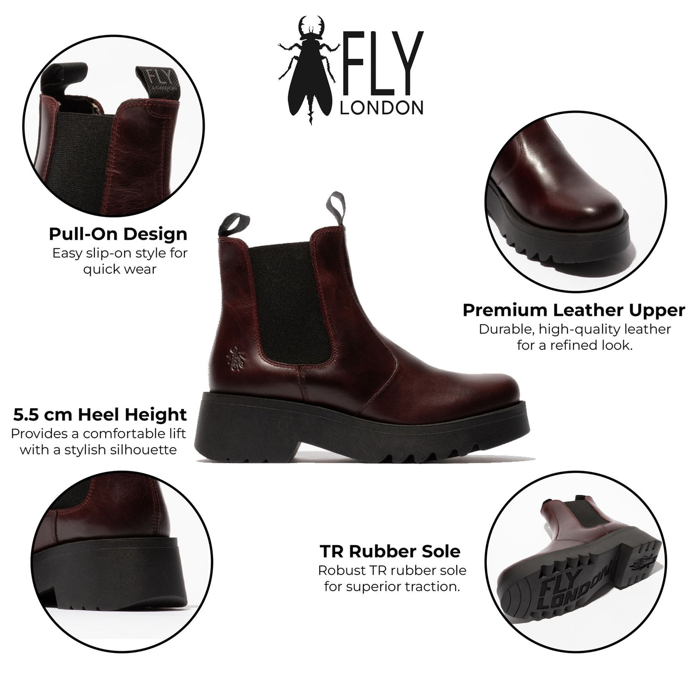 Fly London Womens Wine  MEDI789 Wedged Chelsea Ankle Leather Platform Boots