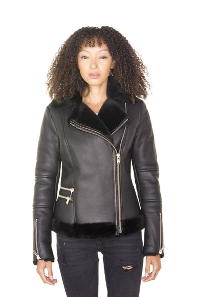 Womens Black Shearling Sheepskin Aviator Jacket-Patchway