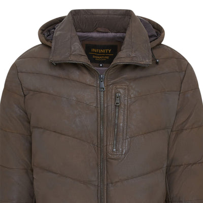 Men's Leather Quilted Jacket Hooded Puffer Winter Coat - Olyic