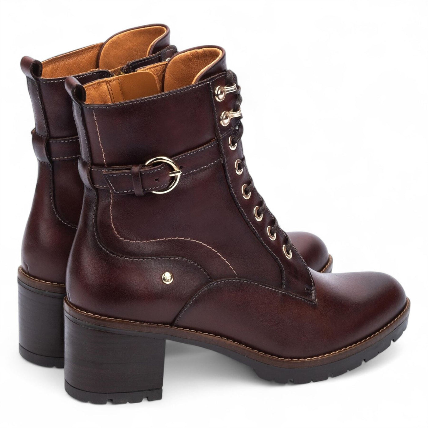 Pikolinos Women’s Caoba Brown Leather Mid-Heel Combat Ankle Boots - Llanes