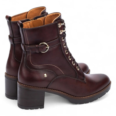 Pikolinos Women’s Caoba Brown Leather Mid-Heel Combat Ankle Boots - Llanes