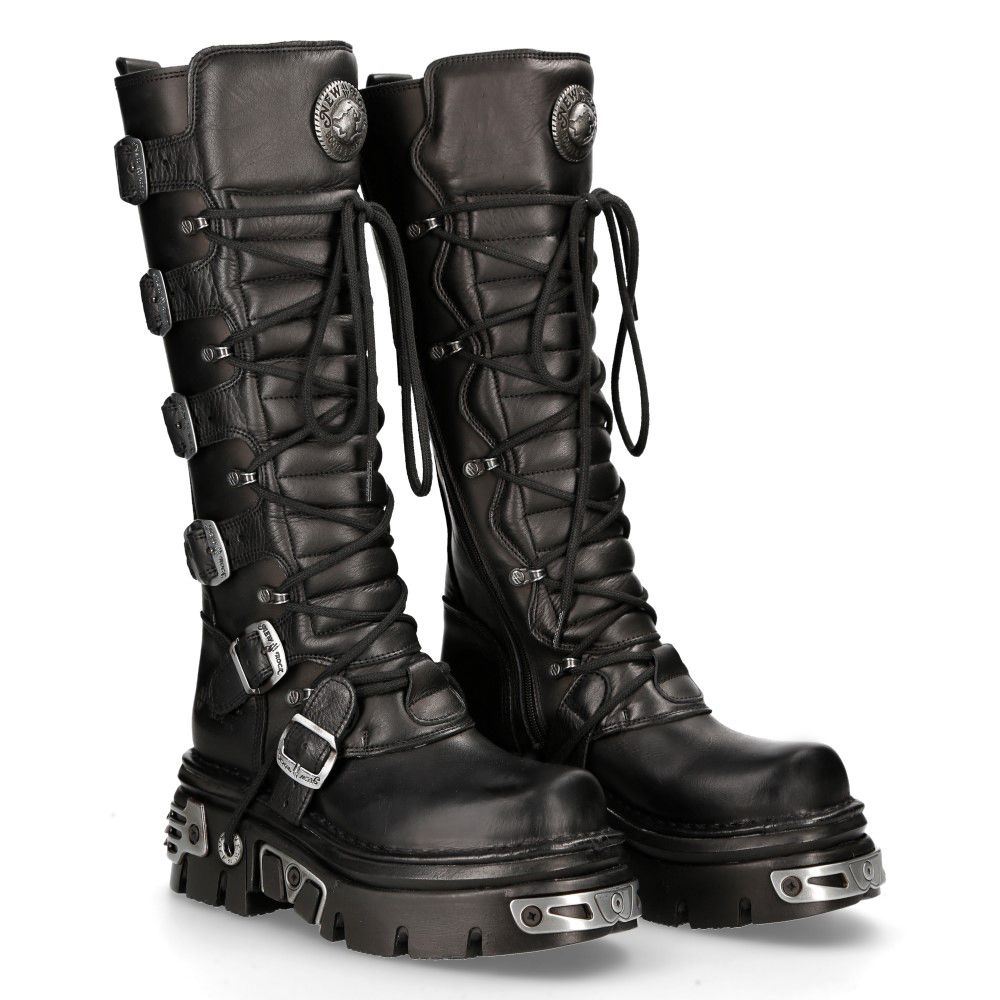 New Rock Knee High Black Leather Gothic Boots-272-S1
