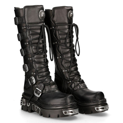 New Rock Knee High Black Leather Gothic Boots-272-S1