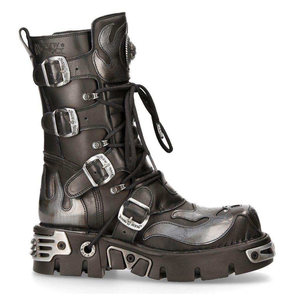 New Rock Flame Accented Black/Silver Leather Biker Boots- 107-S2