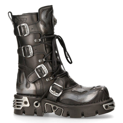 New Rock Flame Accented Black/Silver Leather Biker Boots- 107-S2