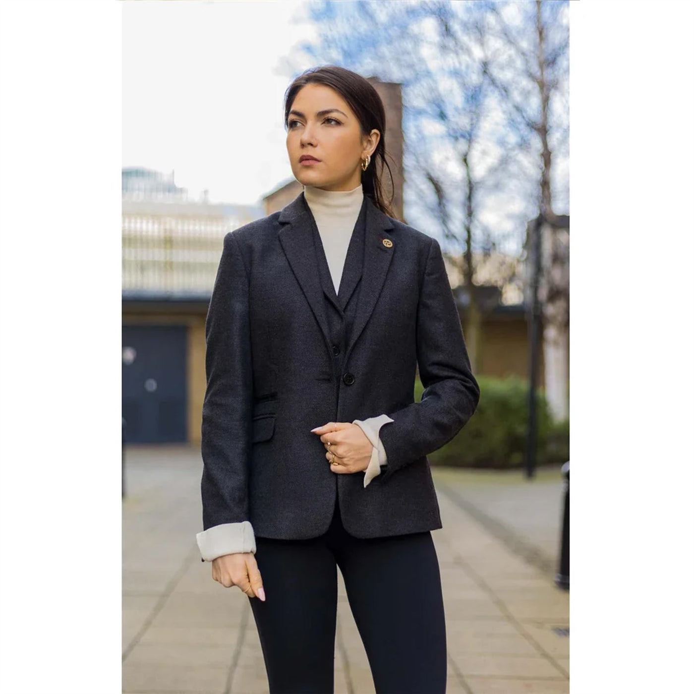 Womens Black Herringbone Check Tweed Wool Blend Blazer