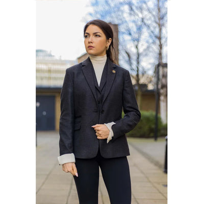 Womens Black Herringbone Check Tweed Wool Blend Blazer
