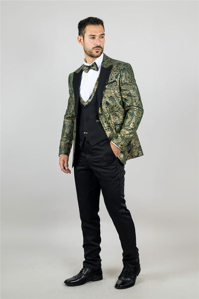 Men's 4 Piece Green Paisley Wedding Suit Tailor Fit