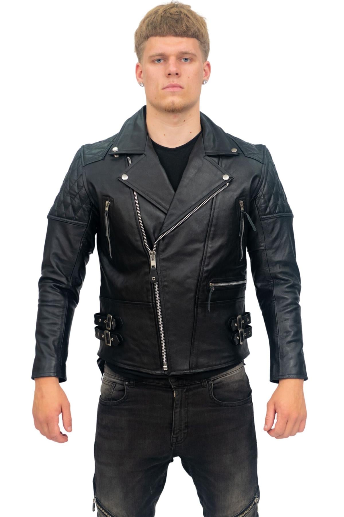 Mens Cowhide Leather Biker Jacket-Nassau