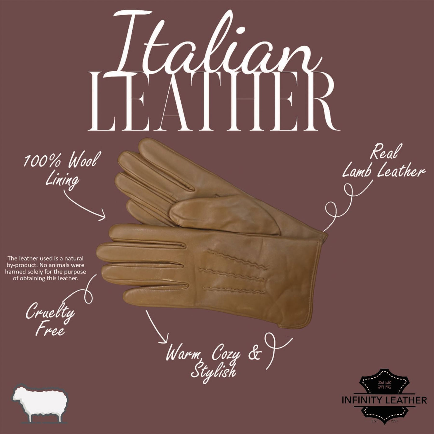 Womens Italian Leather Winter Stitch Line Design Soft Wool Lining Gloves - L-GLV-301