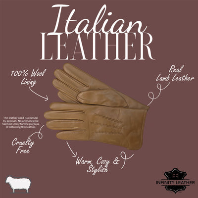 Womens Italian Leather Winter Stitch Line Design Soft Wool Lining Gloves - L-GLV-301