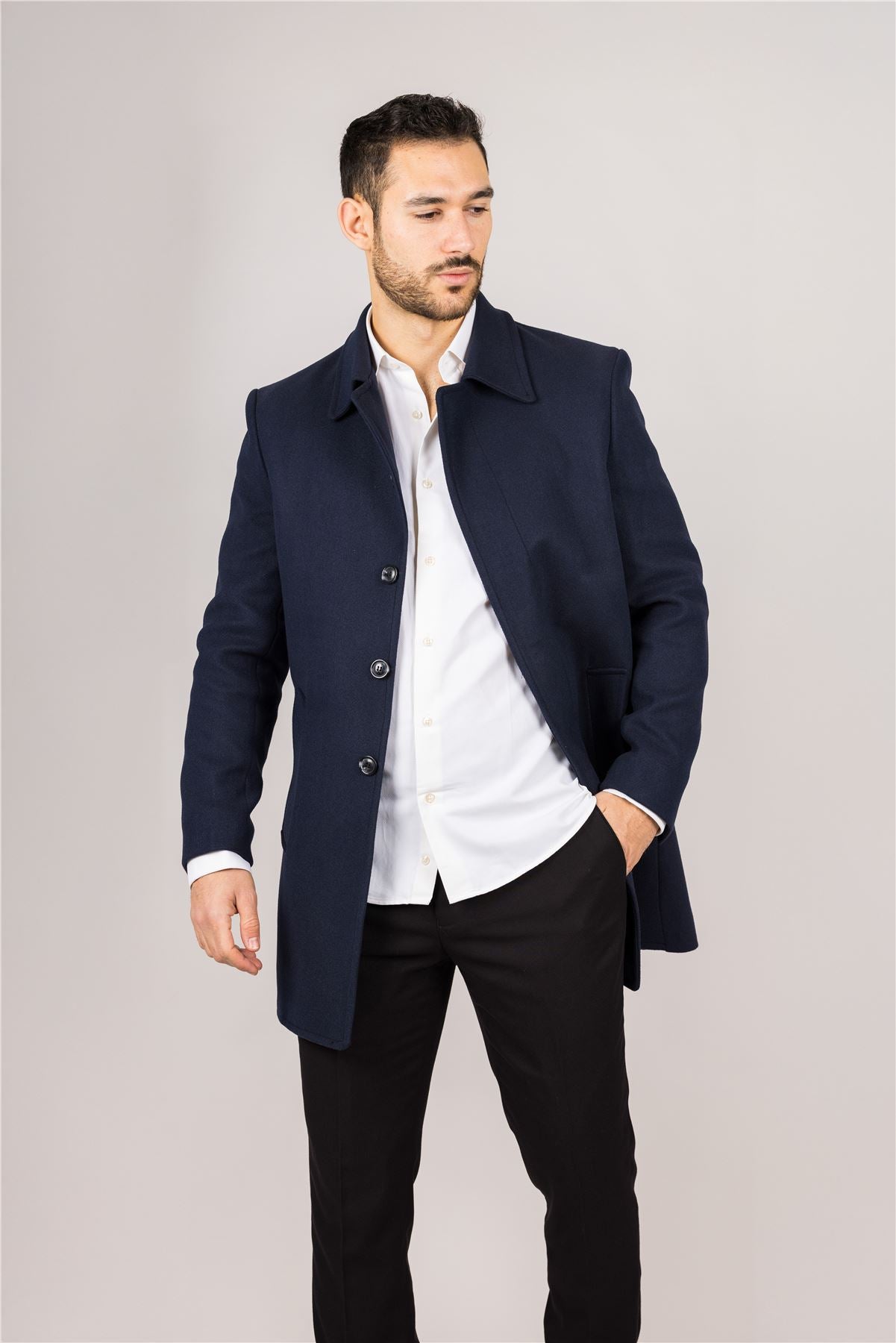 Men's Wool Blend Classic Collar Navy Overcoat