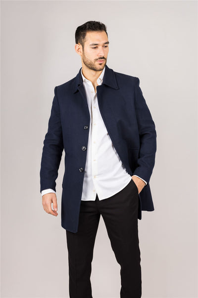 Men's Wool Blend Classic Collar Navy Overcoat