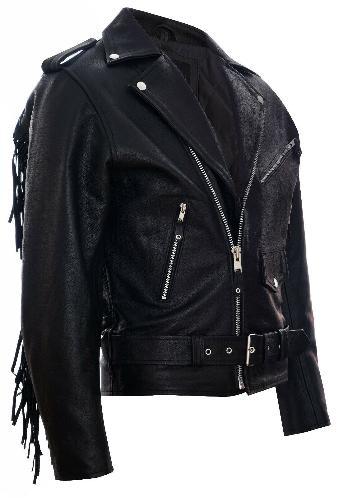 Mens Fringe Hide Leather Biker Jacket- Tokyo