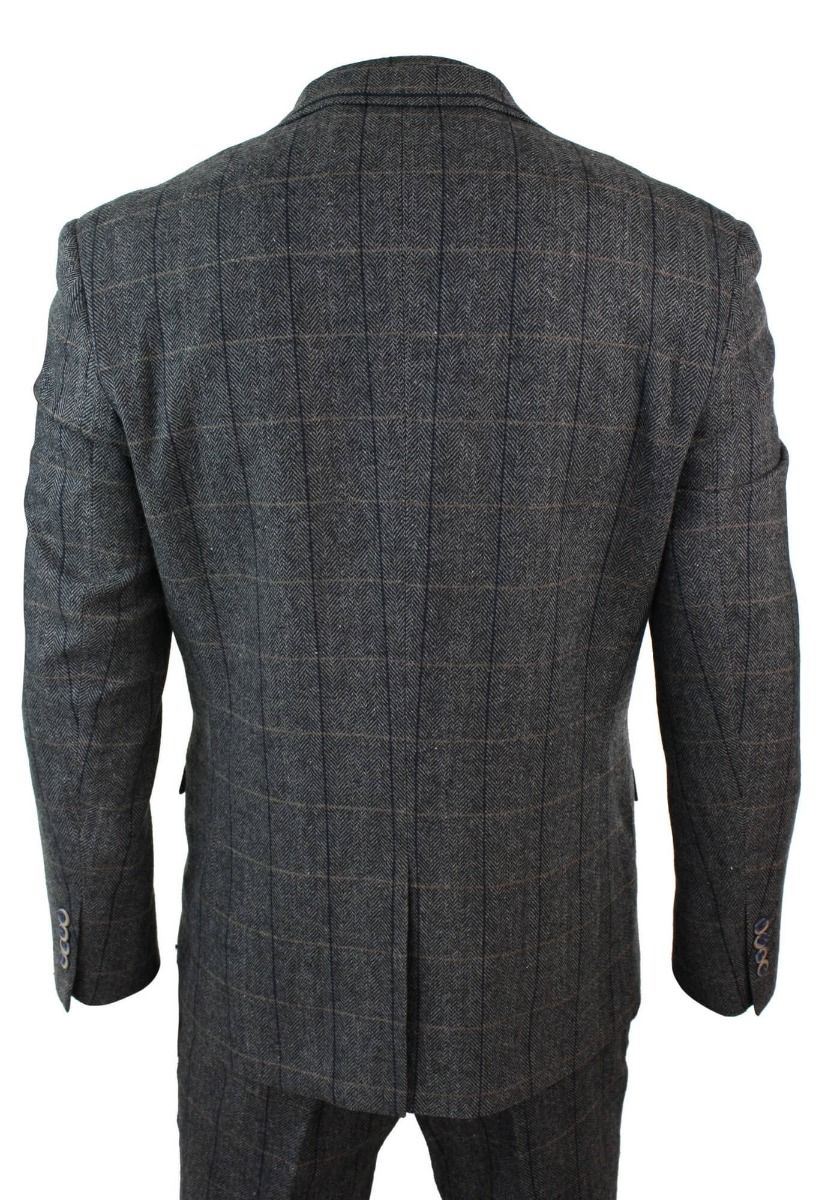 Mens 3 Piece Charcoal Grey Check Tweed Herringbone Vintage Classic Suit