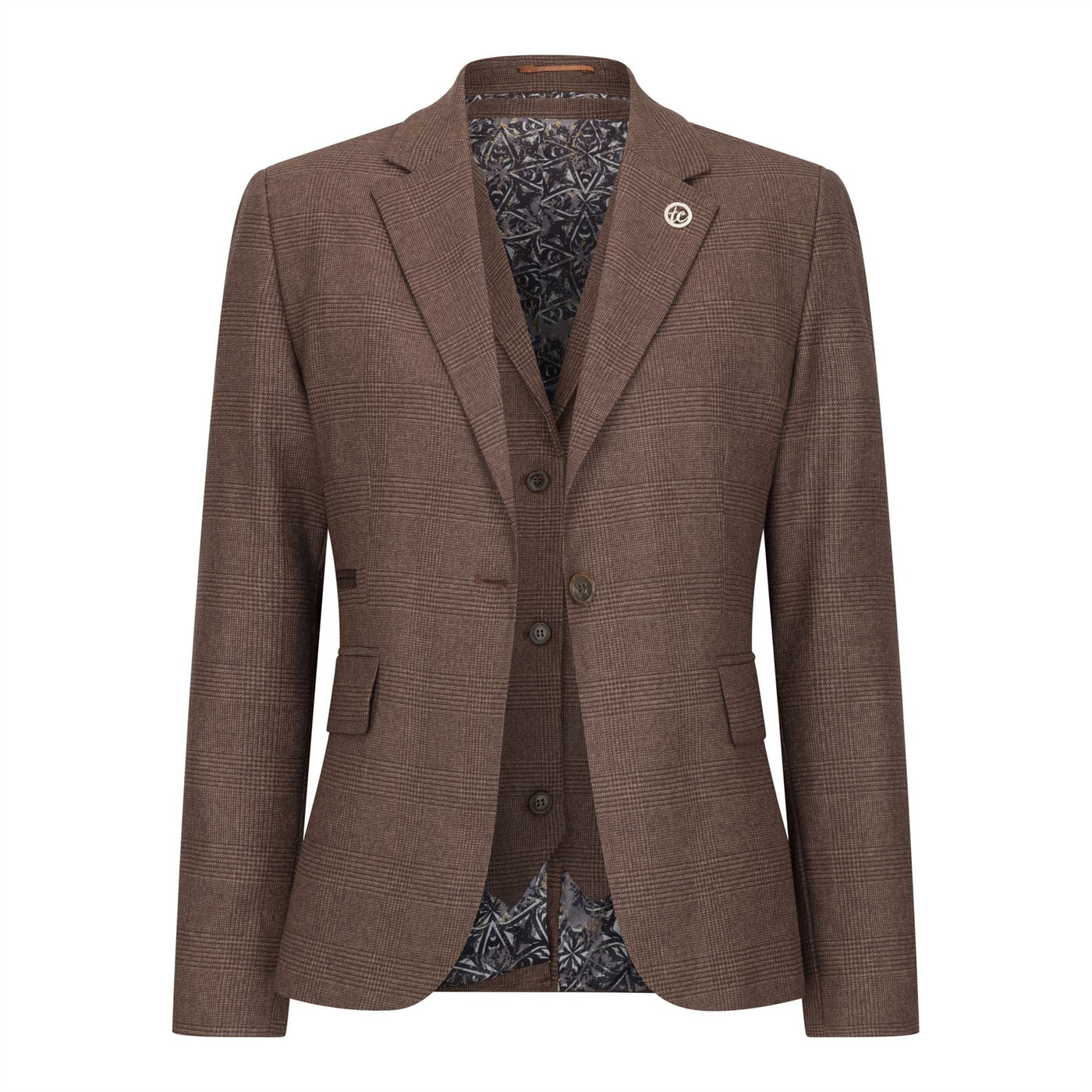 Women's Brown Three-Piece Tailored Fit Suit in Prince of Wales Check