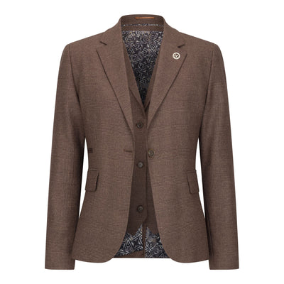 Women's Brown Three-Piece Tailored Fit Suit in Prince of Wales Check