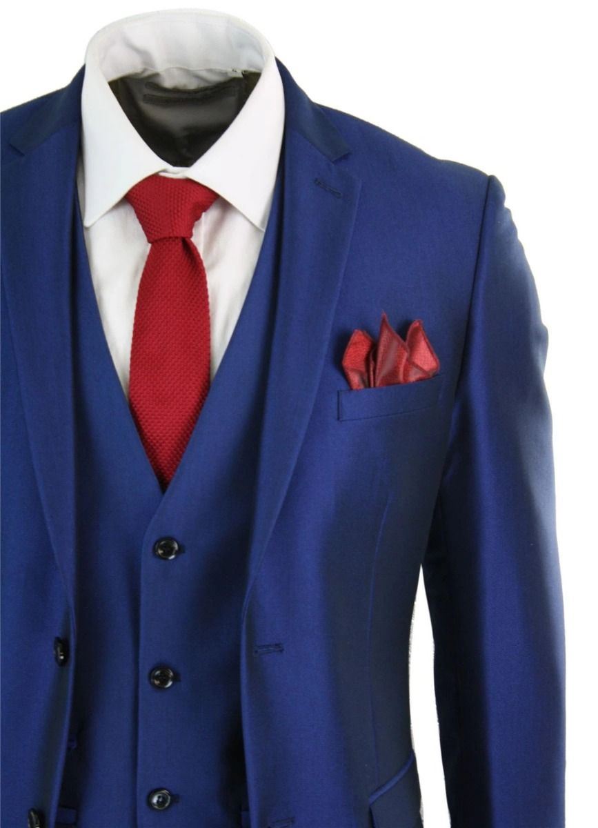 Mens 3 Piece Shiny Royal Blue Classic Suit