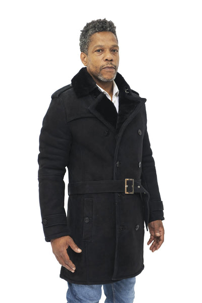 Mens Shearling Sheepskin Suede Pea Coat-Kempston