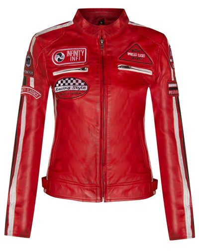 Womens Biker Racing Badges Leather Jacket-Eastleigh - Upperclass Fashions 