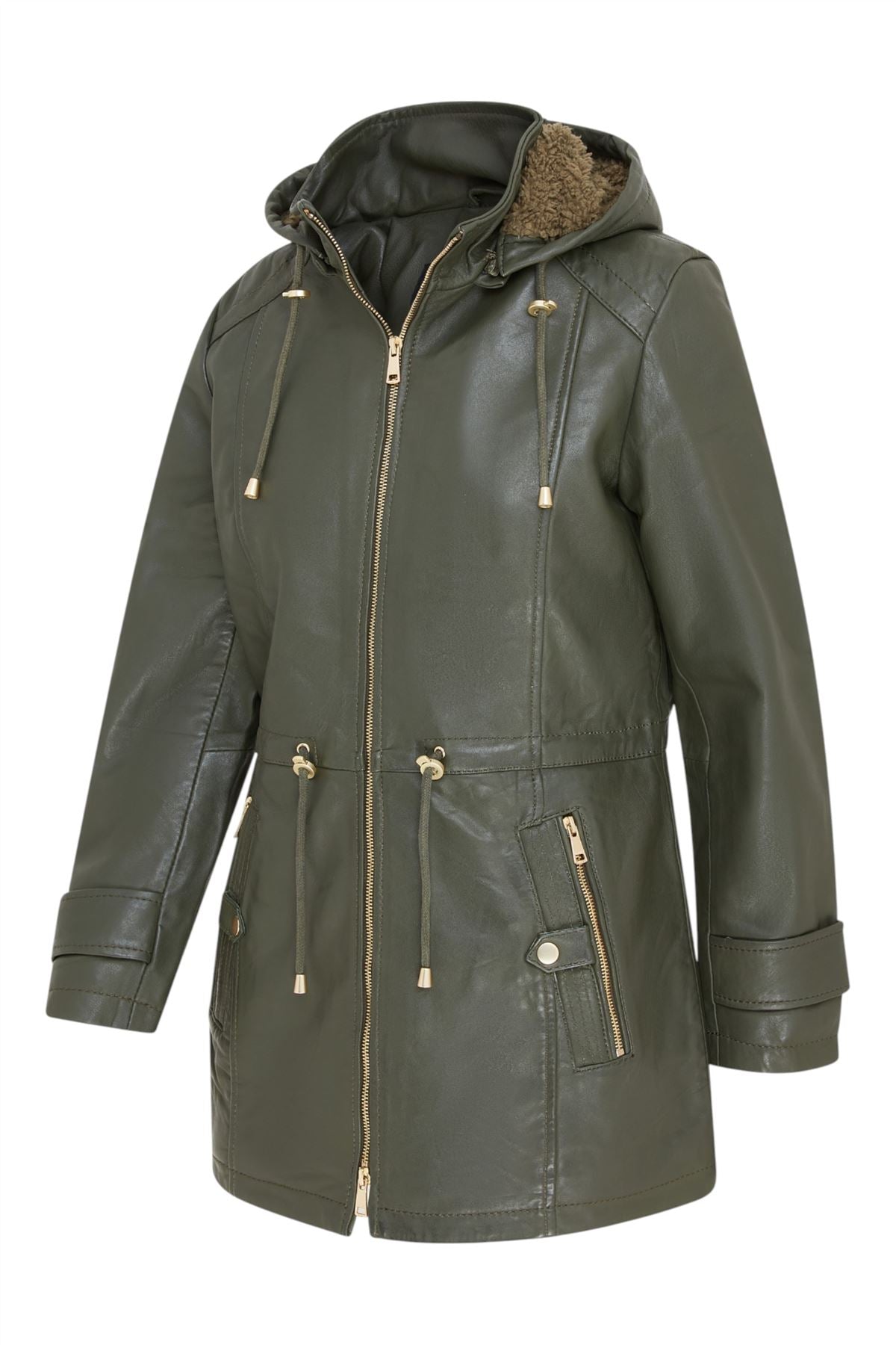 Women's Leather Parka Detachable Borg Hooded Trench Coat - Trekker