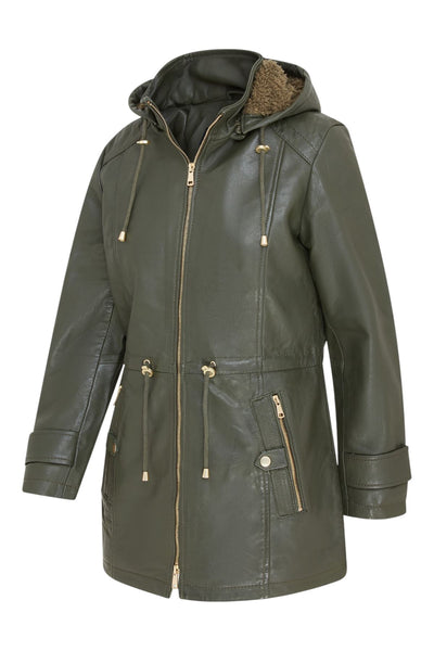 Women's Leather Parka Detachable Borg Hooded Trench Coat - Trekker