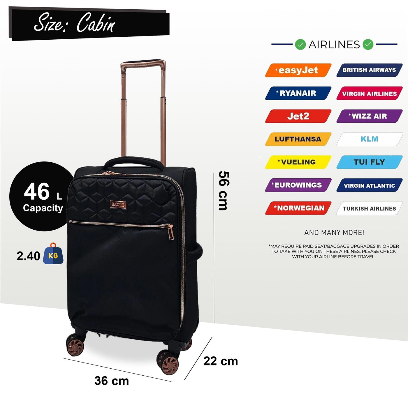 Cabin 4 Wheel Luggage Travel Soft Lightweight Bags