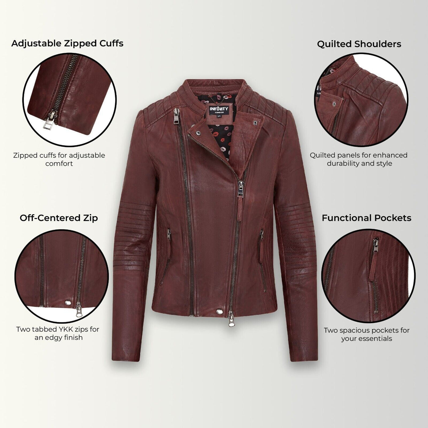 Womens Burgundy Biker Leather Jacket - Delhi