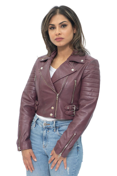 Womens Cropped Brando Leather Biker Jacket-Damascus