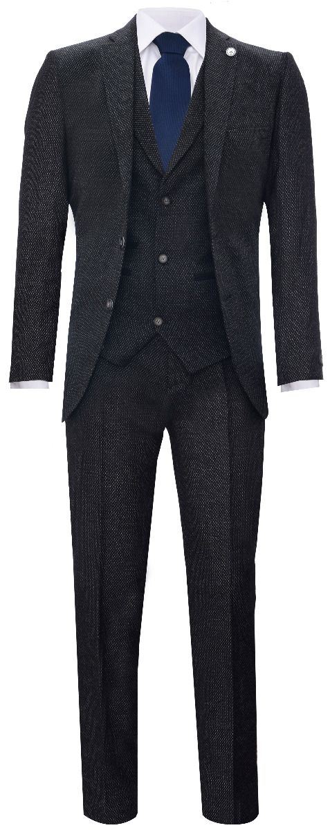 Men's 3 Piece Black Herringbone Tweed Suit