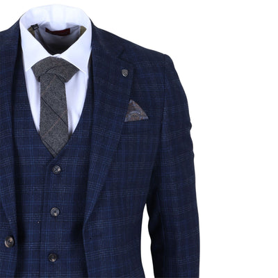 Men's Navy Blue Plaid Check 3 Piece Suit Slim Fit Formal Suit