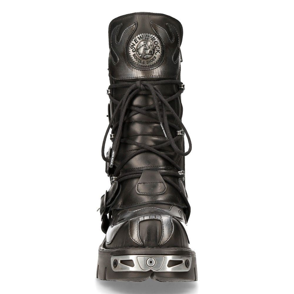 New Rock Flame Accented Black/Silver Leather Biker Boots- 107-S2
