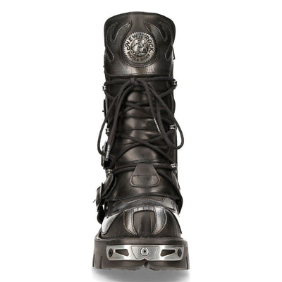 New Rock Flame Accented Black/Silver Leather Biker Boots- 107-S2